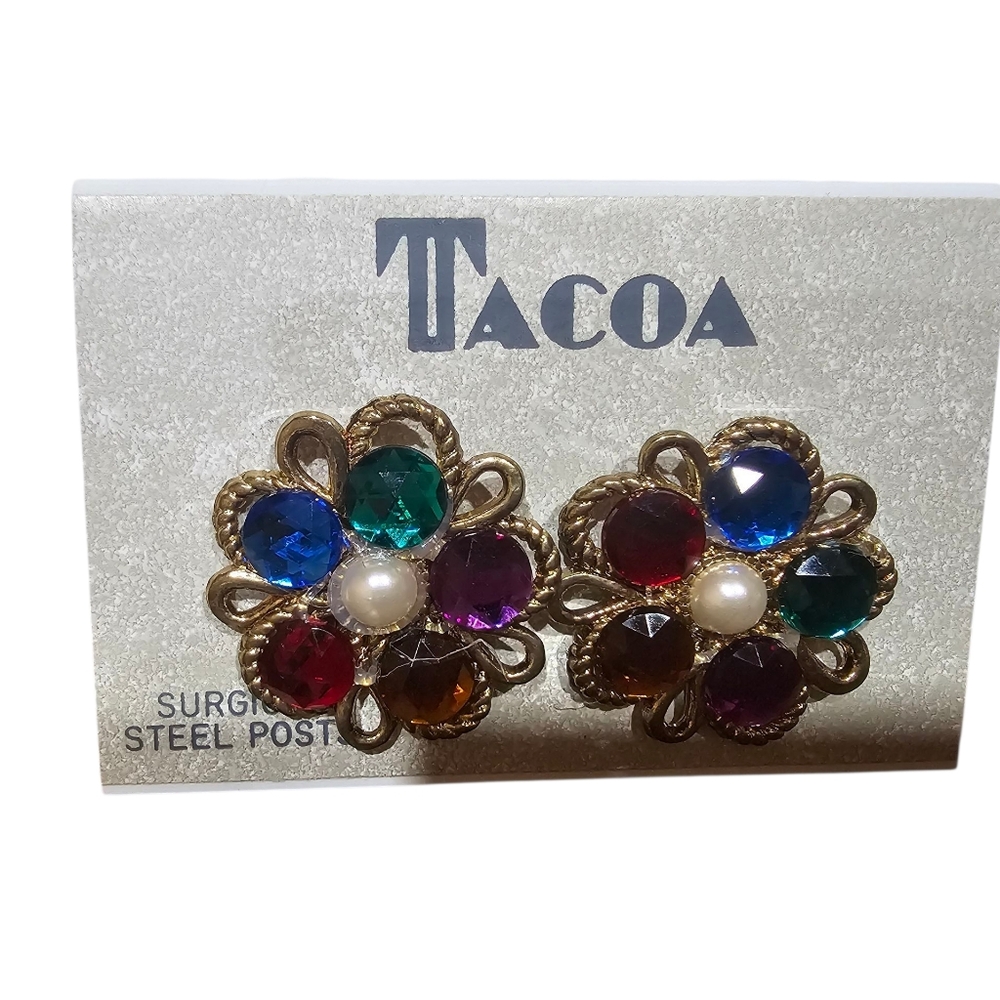 💎 Vintage‎ TACOA Multicolor Rhinestone Flower Earrings – Gold Tone
